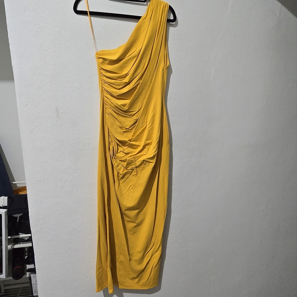 Zara One-Shoulder Draped Dress in Mustard Yellow